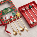 Colher de aço inoxidável, bonito criativo árvore de natal colher de mistura de café, garfo de frutas de sobremesa, estatueta colher garfo talheres, conjunto de presente